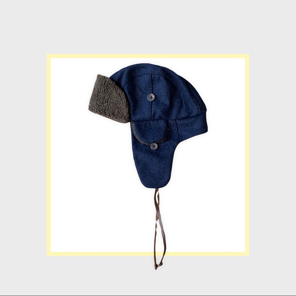 Gap navy blue heather body wool brown faux fur aviator hat